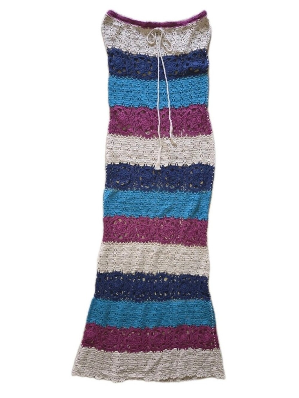Crochet Maxi Dress Strapless Boho Tassel Beach SMALL